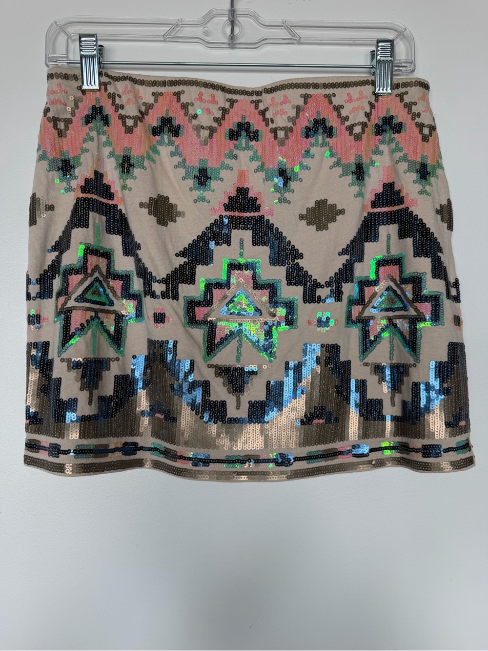 Express Sequin Aztec Mini Skirt in Beige, Pink and Green